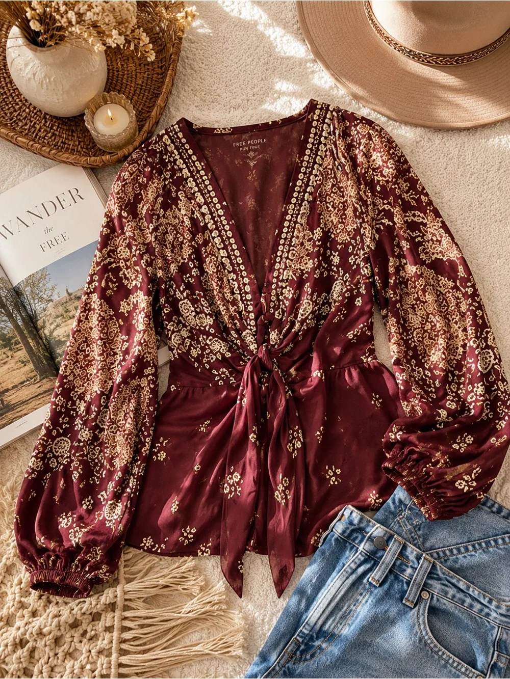 Free People Run Free Tunic Chocolate Combo Boho Floral Tie Front Blouse NWT M